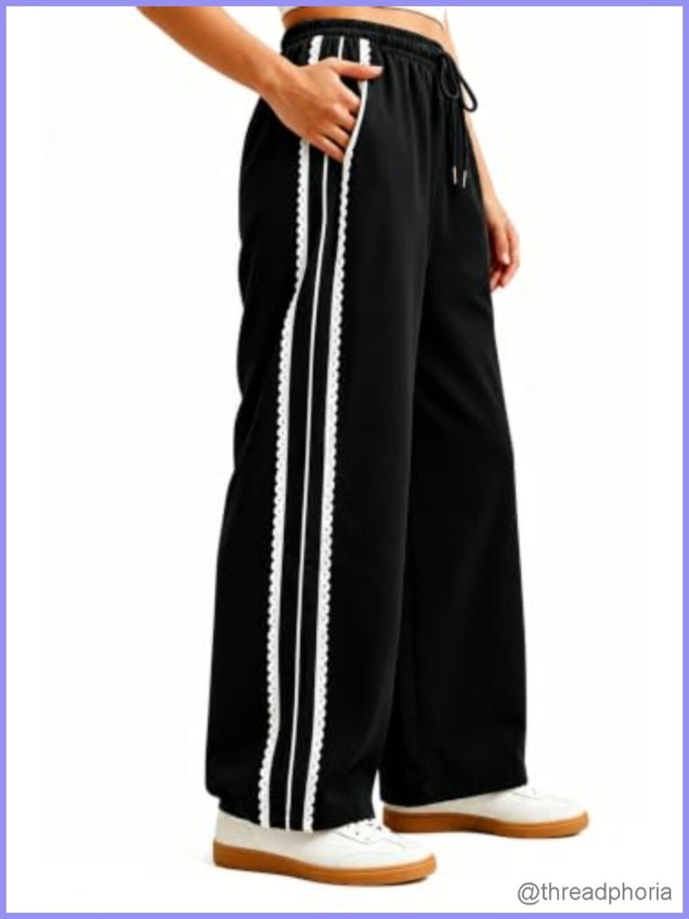 Wide Leg Sweatpants with Side Strip Lace Trim, Drawstring, Pockets